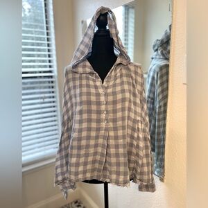 Free People Blue Checkered Loose Fit Pullover Blouse with A Hoodie Size S
